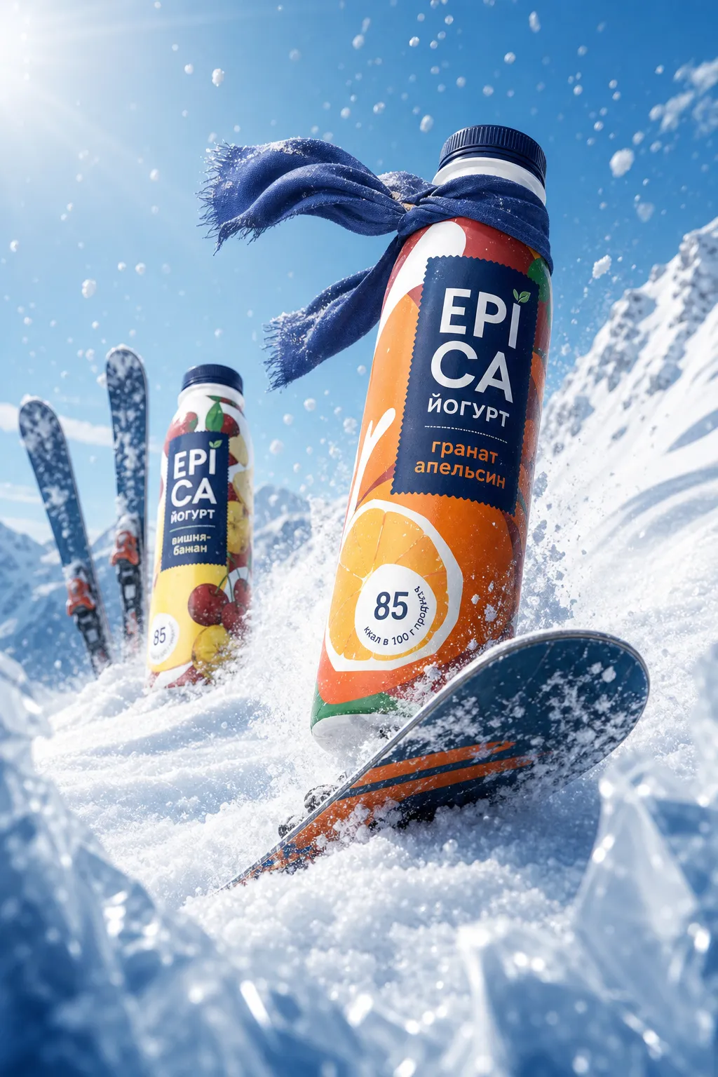 雪山中的Epica酸奶瓶和滑雪装备｜AI 生图提示词
