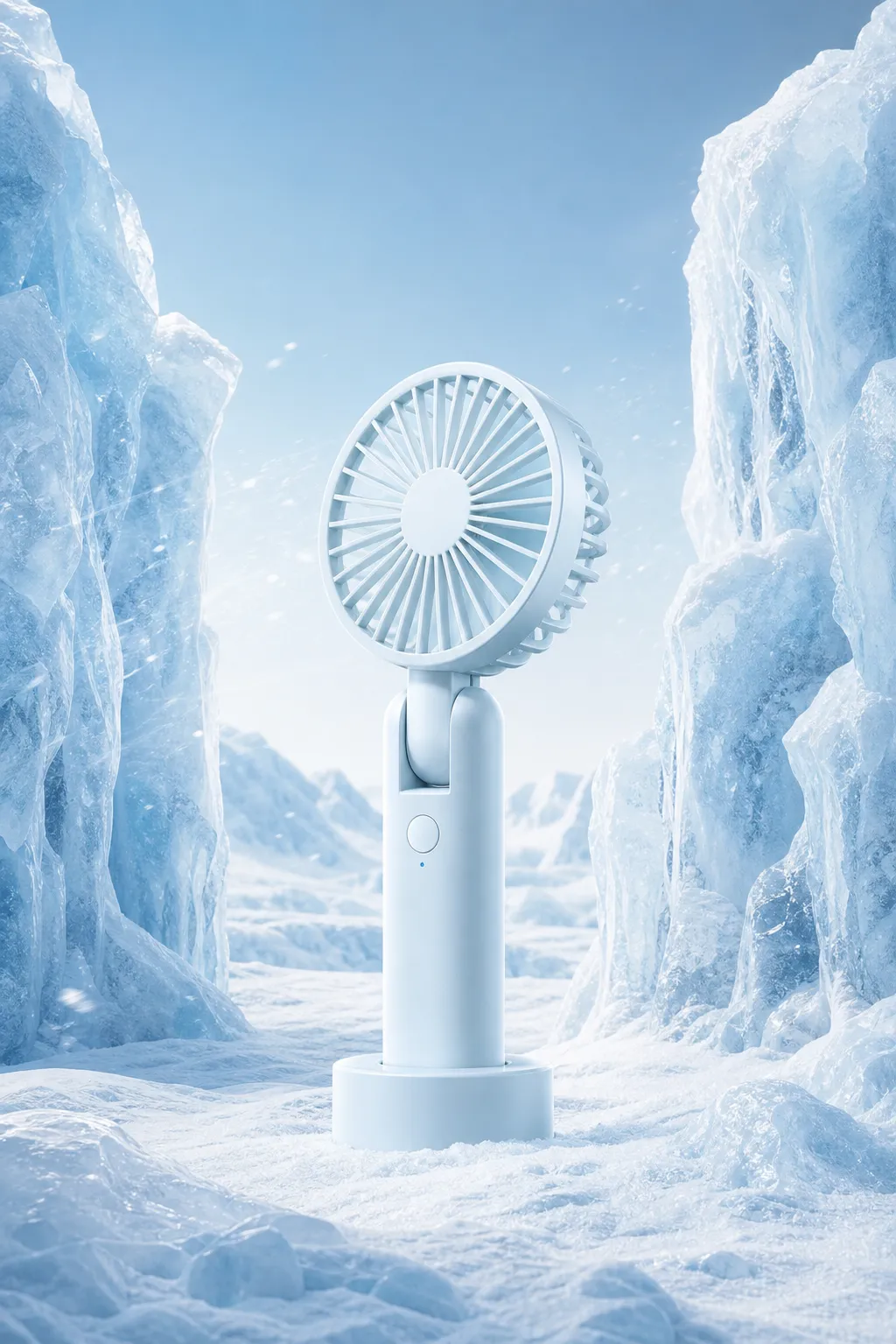 白色便携风扇，在雪雪冰谷中｜AI 生图提示词