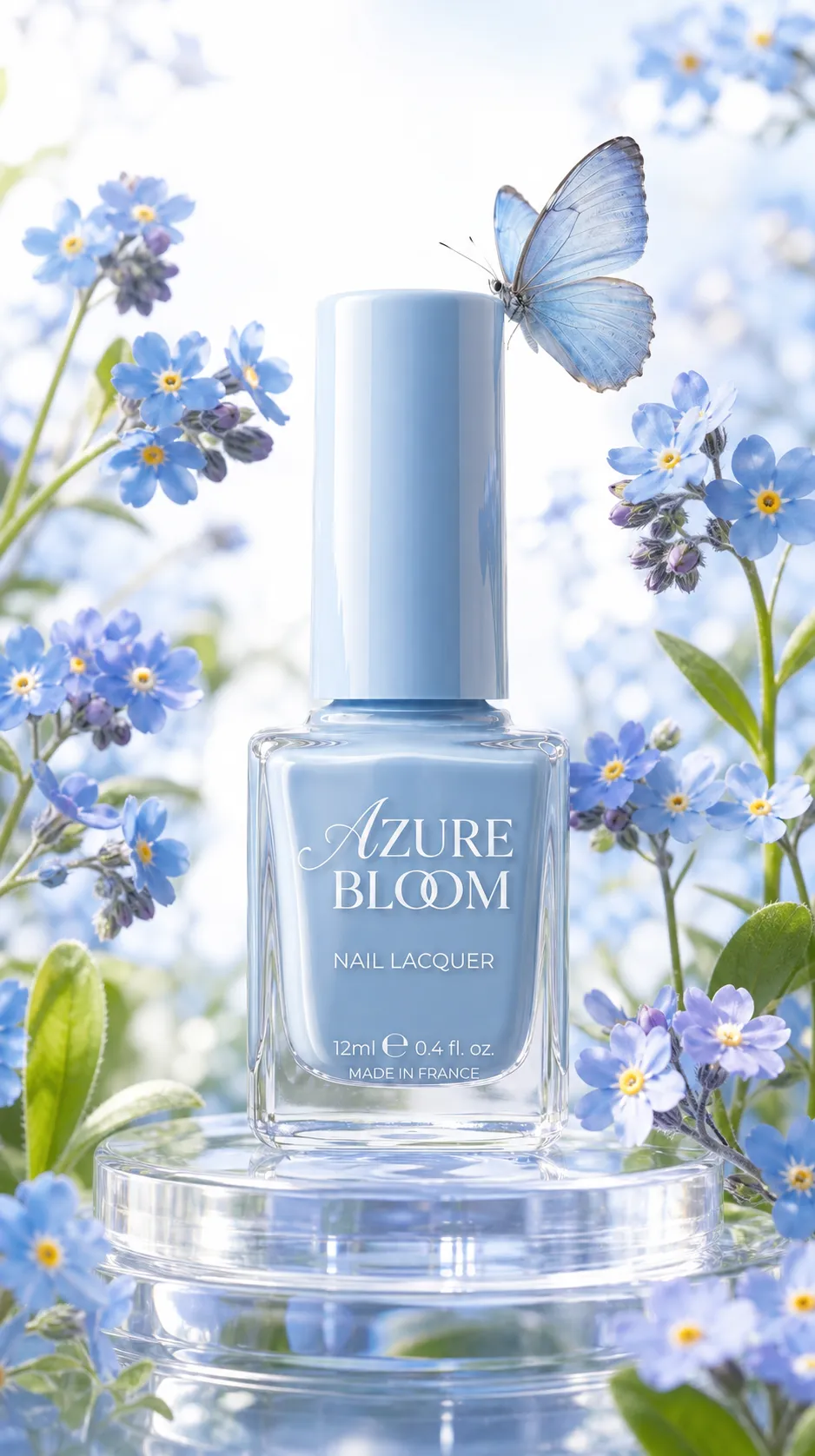 Azure Bloom 蓝色指甲油，带蝴蝶与花朵图案｜AI 生图提示词