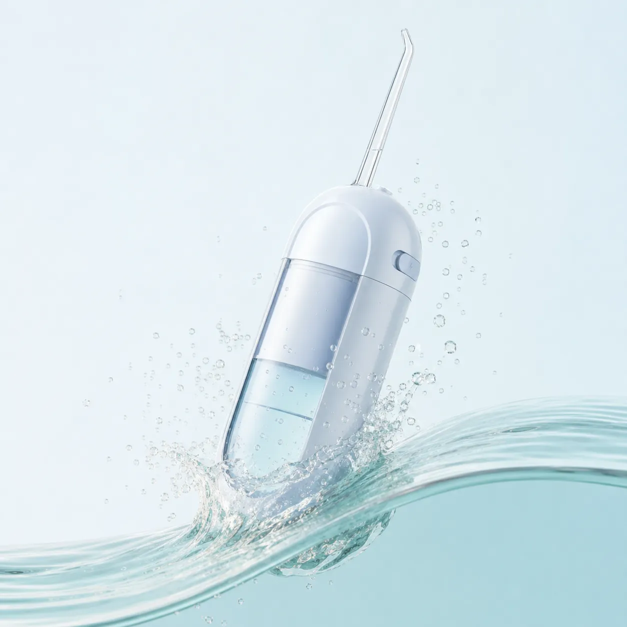 白色便携式水线器在清水中溅水｜AI 生图提示词