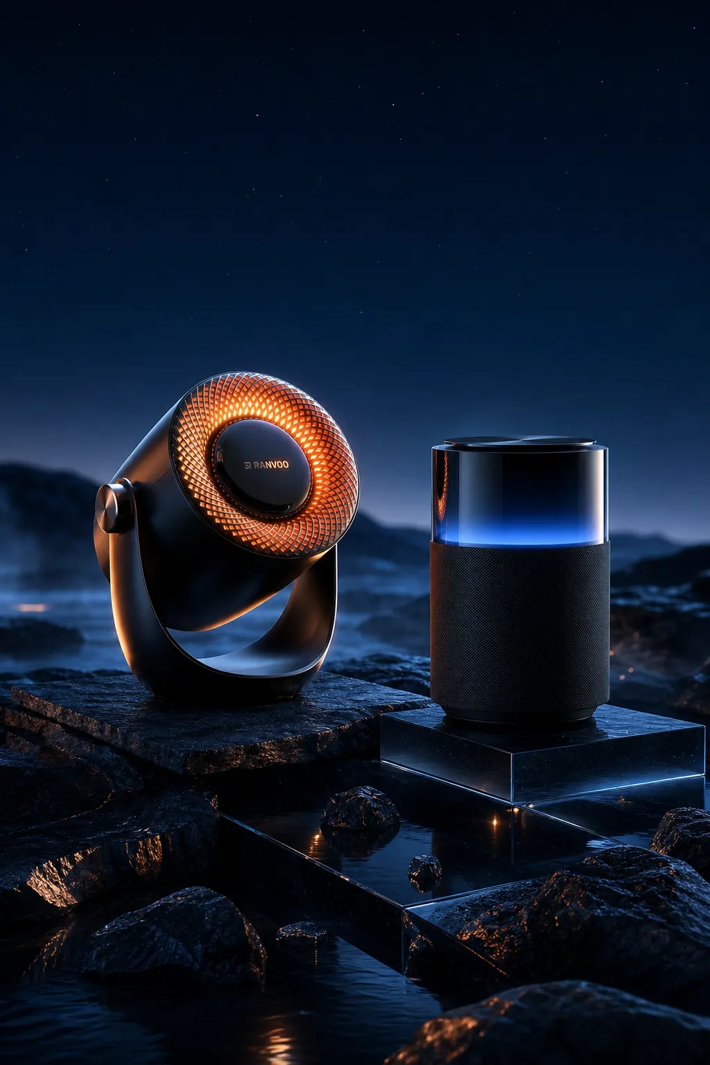 Ranvoo风扇和夜晚岩石上的智能音箱｜AI 生图提示词