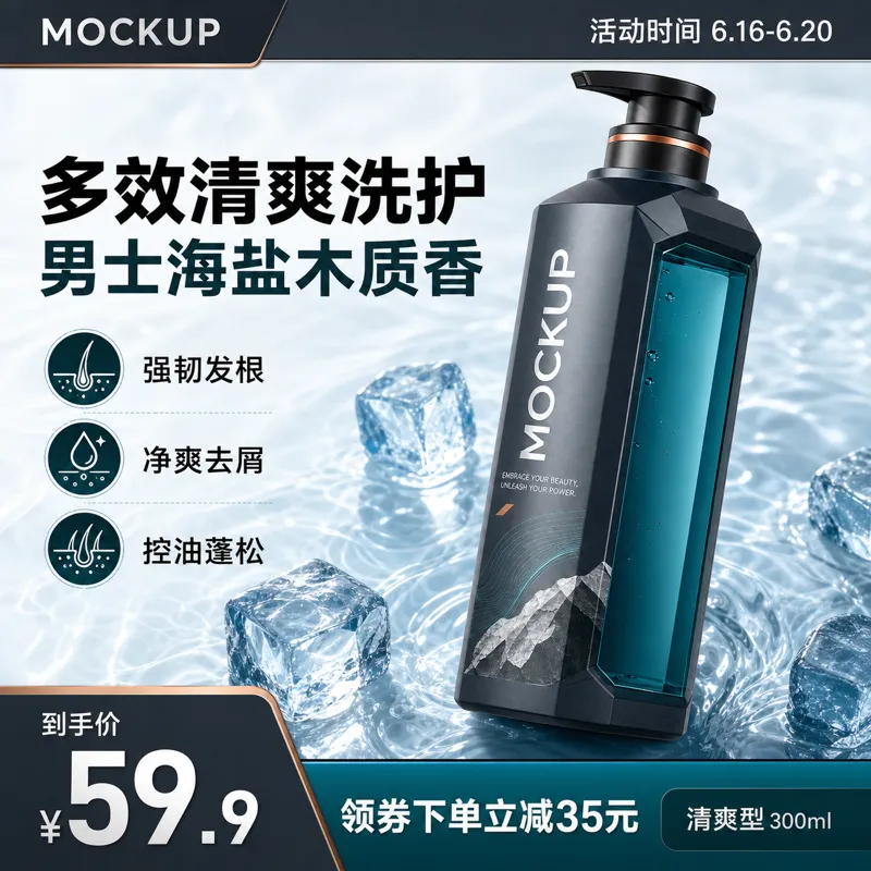 男士洗发水瓶装冰块模型｜AI 生图提示词