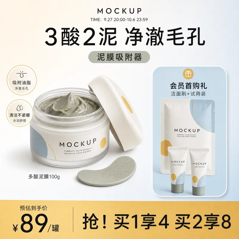 毛孔清洁粘土面膜护肤产品样板｜AI 生图提示词