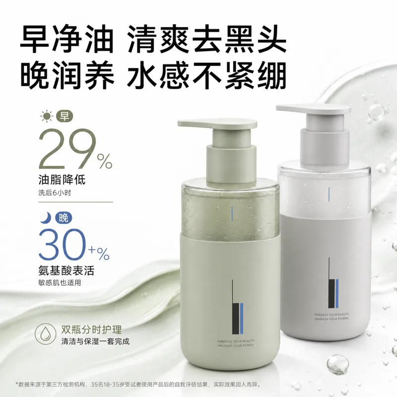 双泵瓶护肤套装，适合昼夜使用。｜AI 生图提示词