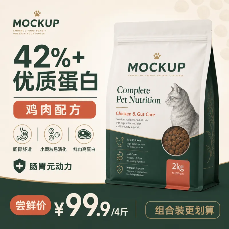 鸡肉猫粮袋包装模型｜AI 生图提示词