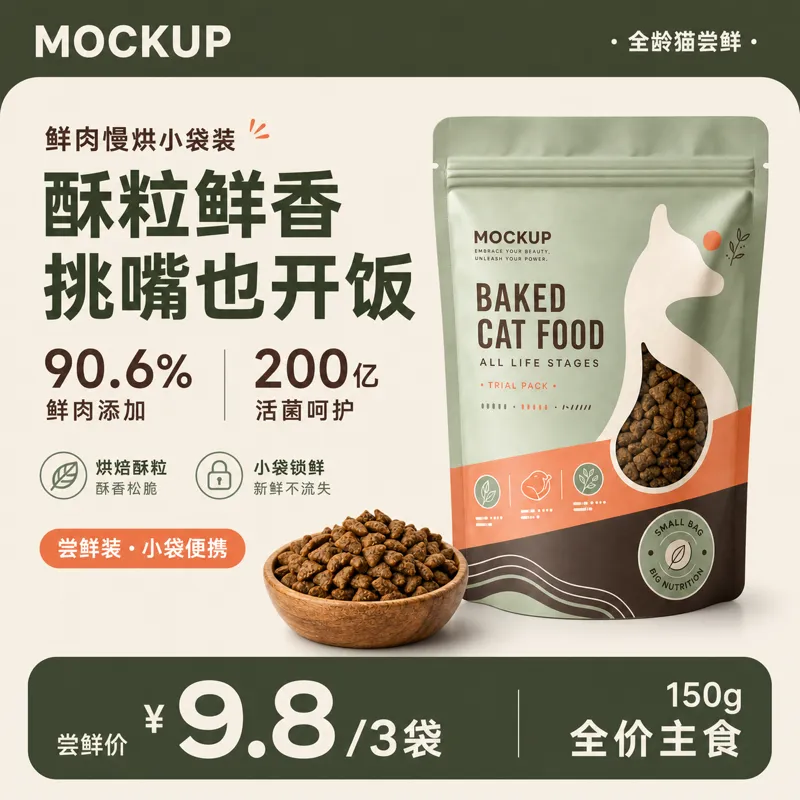 带狗粮碗的烤猫粮包装模型｜AI 生图提示词
