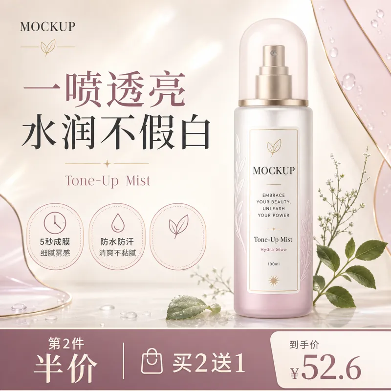 带Hydra Glow标签的Tone-Up喷雾瓶样板｜AI 生图提示词