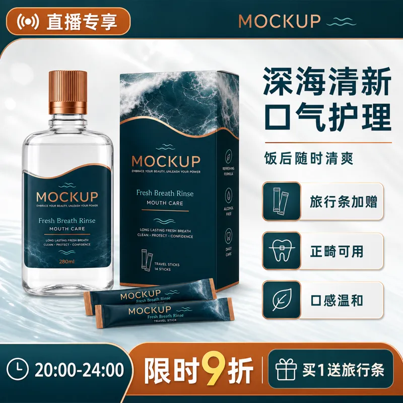 清新口气漱口护品产品模型｜AI 生图提示词