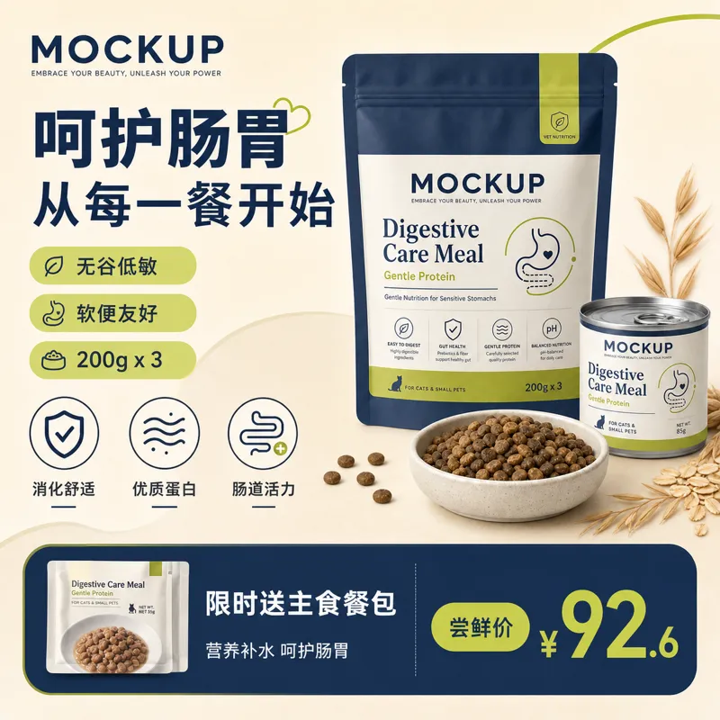 消化护理餐猫粮包装模型｜AI 生图提示词