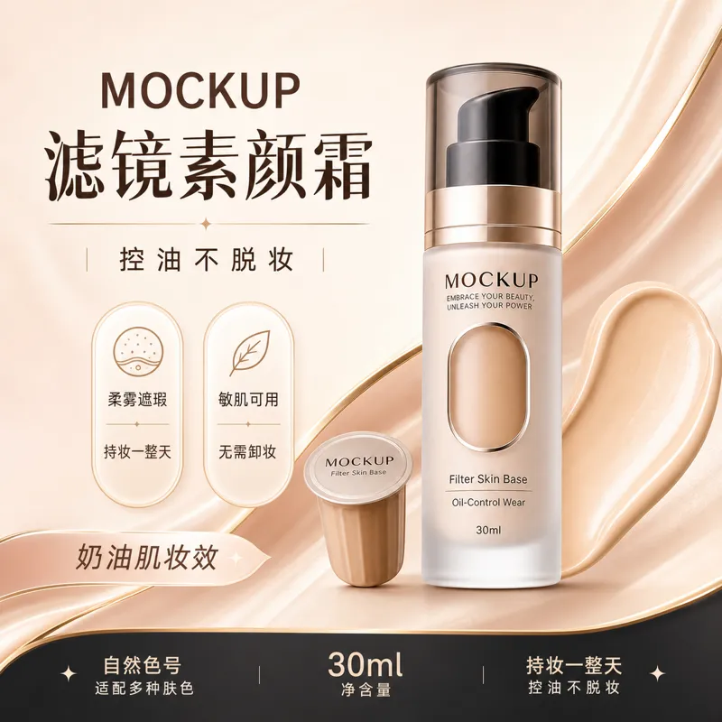 Filter Skin Base Oil-Control Wear 化妆品样板｜AI 生图提示词