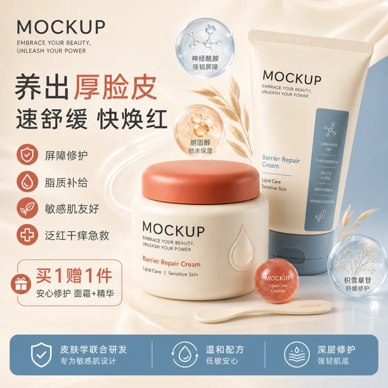 敏感肌屏障修复霜样板｜AI 生图提示词