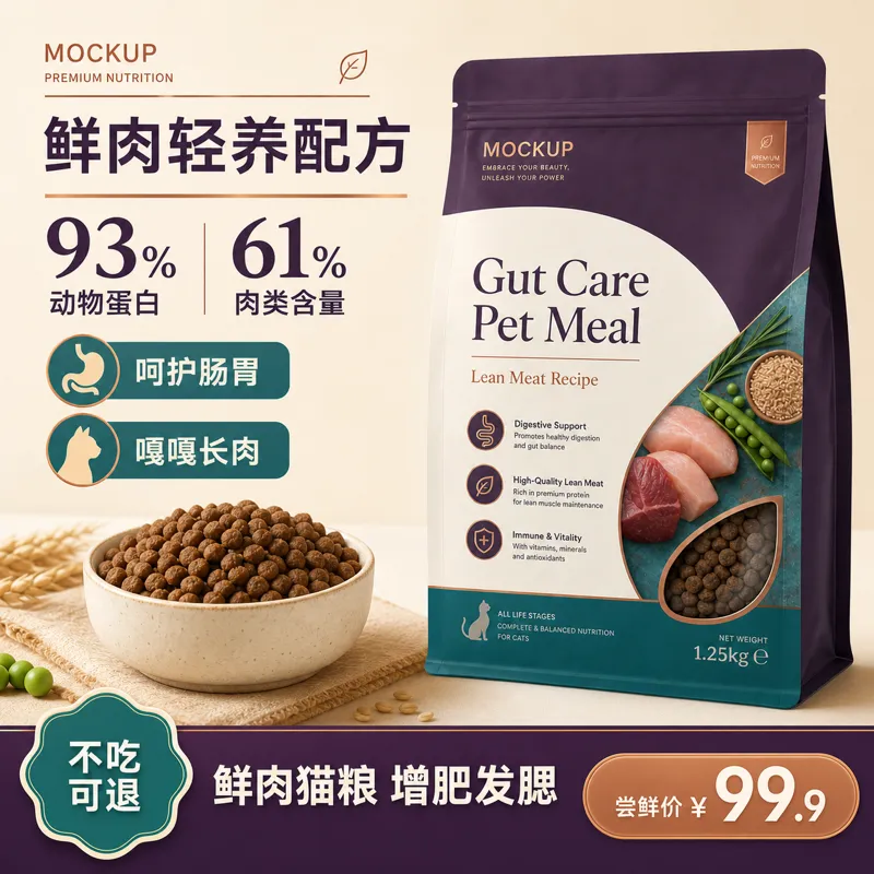 肠道护理宠物餐瘦肉食谱猫粮模型｜AI 生图提示词