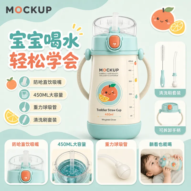 450毫升幼儿吸管杯，带手柄和加重吸管｜AI 生图提示词