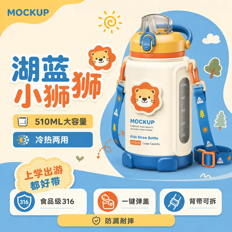 儿童狮子吸管水瓶 510ml 模型｜AI 生图提示词