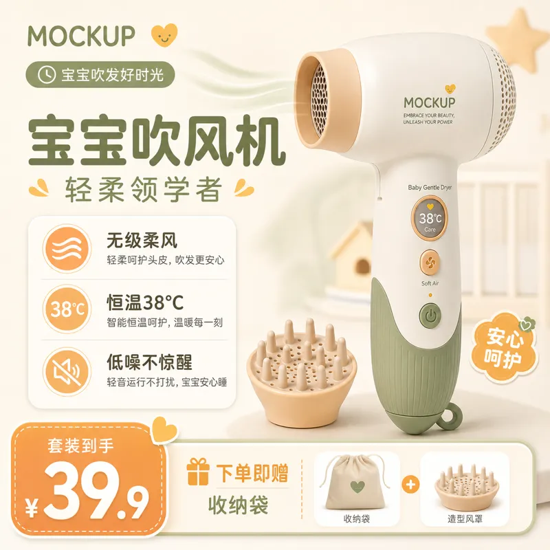 Baby Gentle吹风机带扩散器样板｜AI 生图提示词
