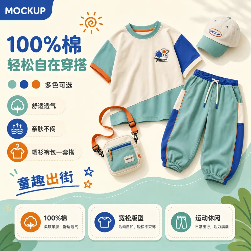 儿童棉质服装套装样板，配有帽子和包包｜AI 生图提示词