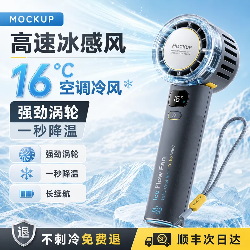 冰流手持风扇16C冷风涡轮风｜AI 生图提示词