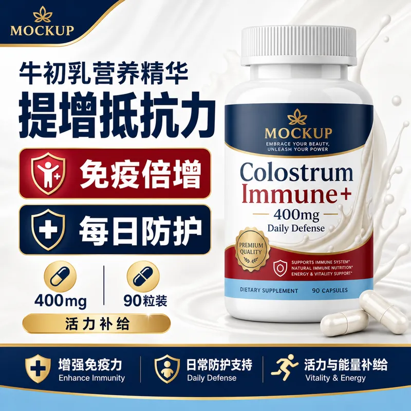 初乳免疫+400毫克每日防御补充剂瓶｜AI 生图提示词