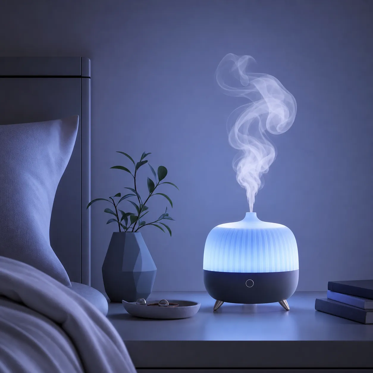夜晚床头柜上发着蓝色光的加湿器｜AI 生图提示词