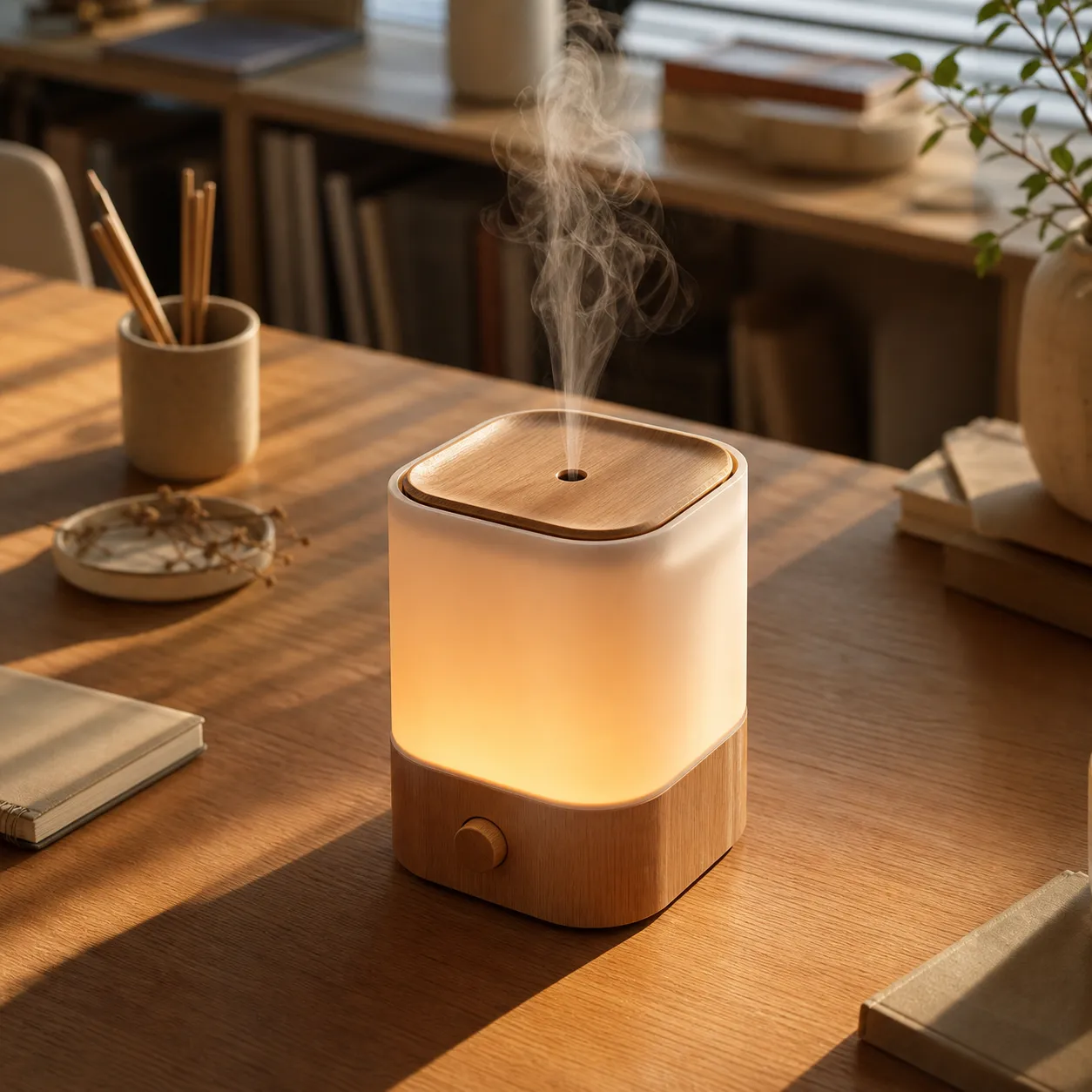 桌上发光的木质芳香薰香薰扩散器｜AI 生图提示词