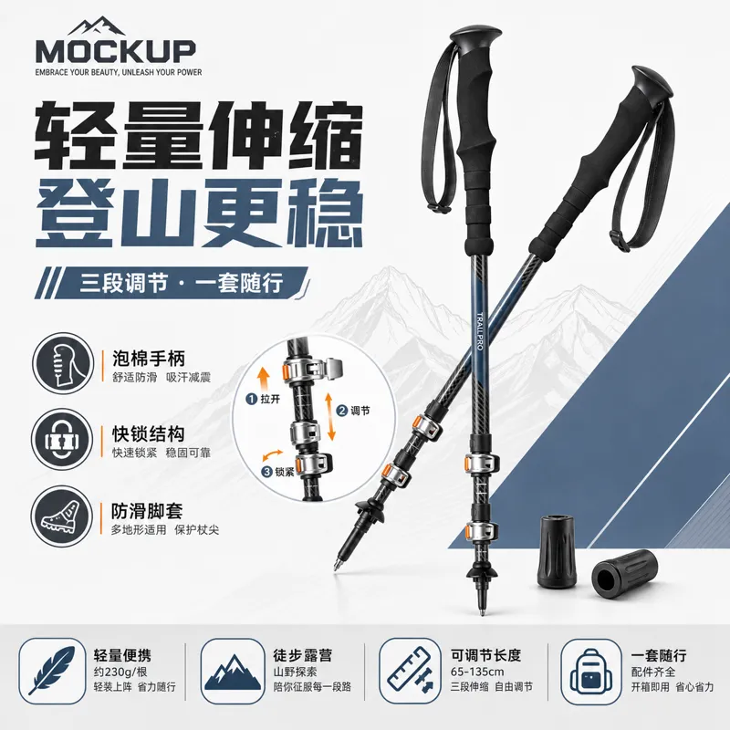 轻量化伸缩登山杖套装｜AI 生图提示词