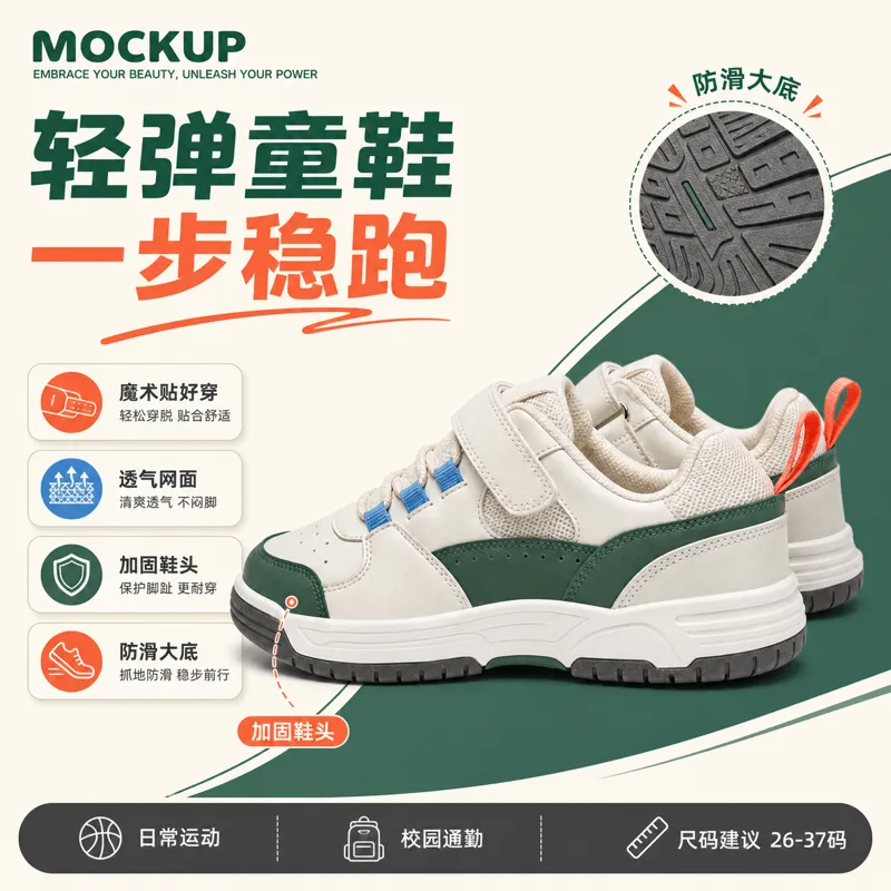 白色和绿色儿童运动鞋模型设计｜AI 生图提示词