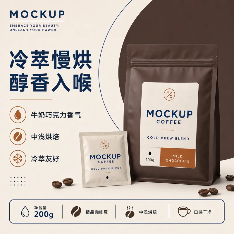 冷萃咖啡包装样品，带有牛奶巧克力味｜AI 生图提示词