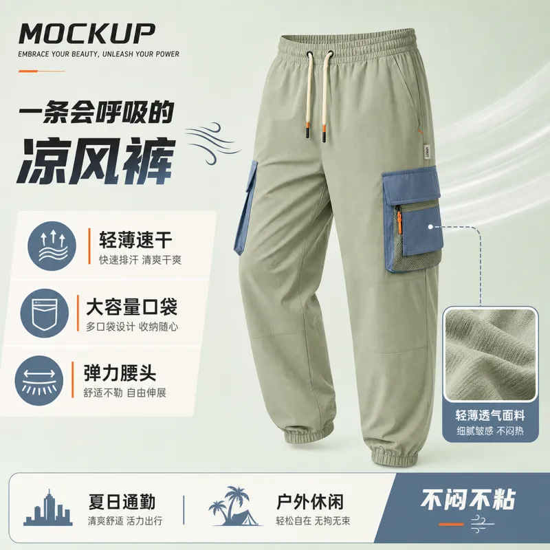 浅绿色透气工装裤模型｜AI 生图提示词