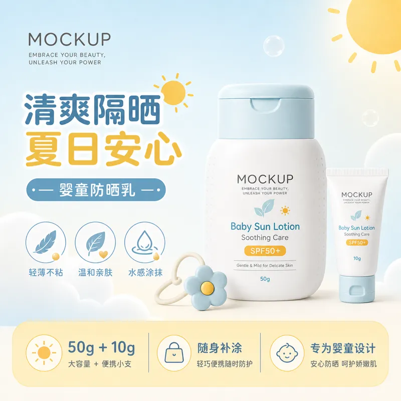婴儿防晒乳 SPF50+ 舒缓护理产品样板｜AI 生图提示词