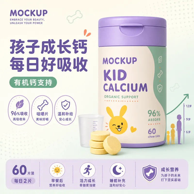 儿童有机钙支持咀嚼片模型｜AI 生图提示词