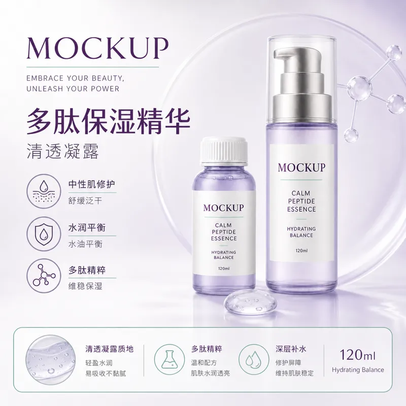 紫色安抚肽精华护肤瓶模型｜AI 生图提示词
