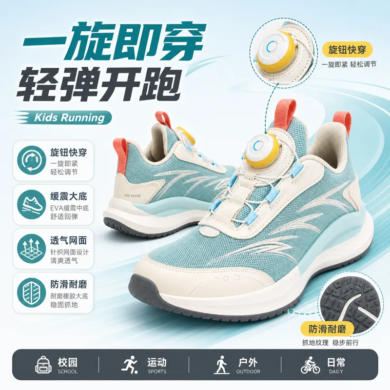 带旋转表盘系带的儿童跑鞋｜AI 生图提示词