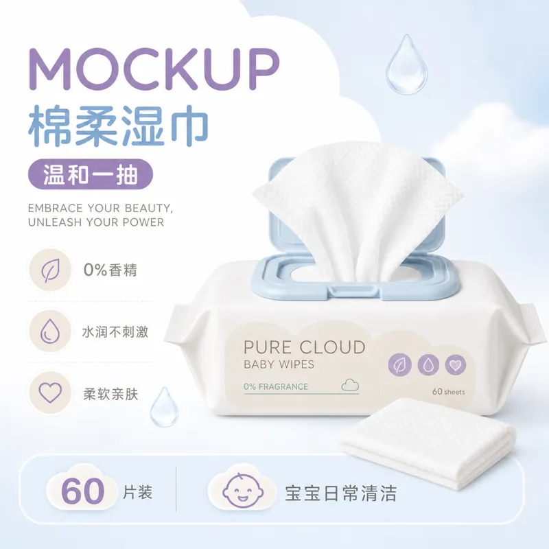 纯云婴儿湿巾包装设计｜AI 生图提示词