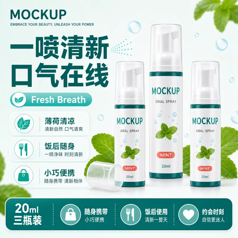 薄荷口腔喷雾瓶模型套装 20ml｜AI 生图提示词