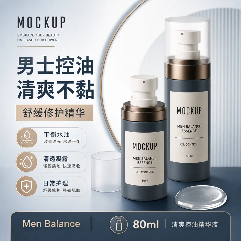 男士平衡精华油控制瓶模型｜AI 生图提示词