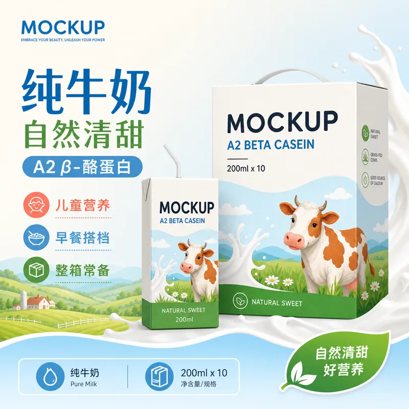 A2 β酪蛋白纯牛奶盒模型｜AI 生图提示词