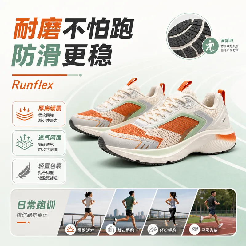 Runflex橙白色缓震跑鞋｜AI 生图提示词