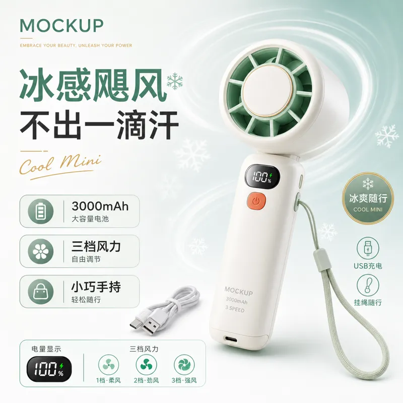 白色便携式迷你风扇带数字显示｜AI 生图提示词