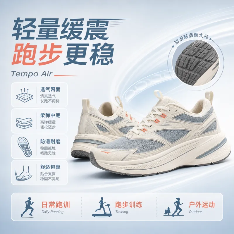 Tempo Air 轻量跑鞋，提升稳定性｜AI 生图提示词