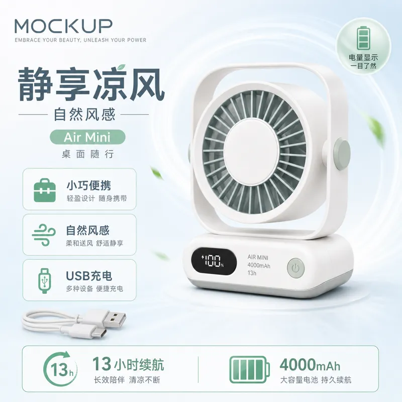 便携式迷你风扇，配备4000mAh电池和USB充电｜AI 生图提示词