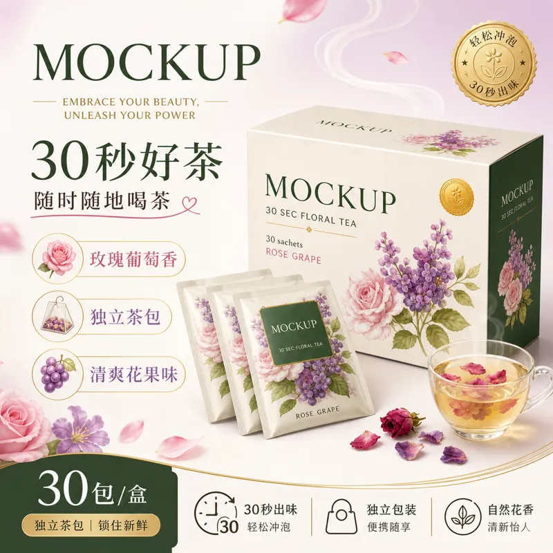 玫瑰葡萄花茶包装样设计｜AI 生图提示词