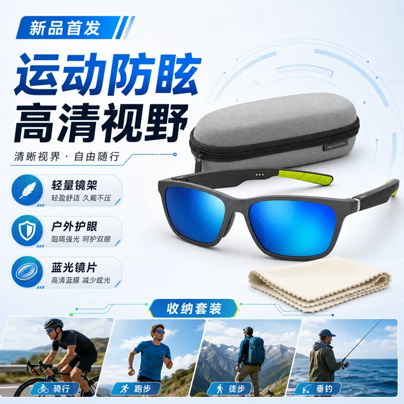 蓝色透镜运动太阳镜套装，适合户外使用｜AI 生图提示词