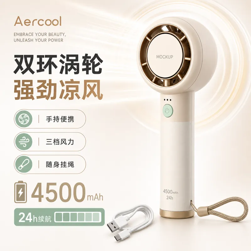白色便携式手持风扇，电池容量4500mAh｜AI 生图提示词