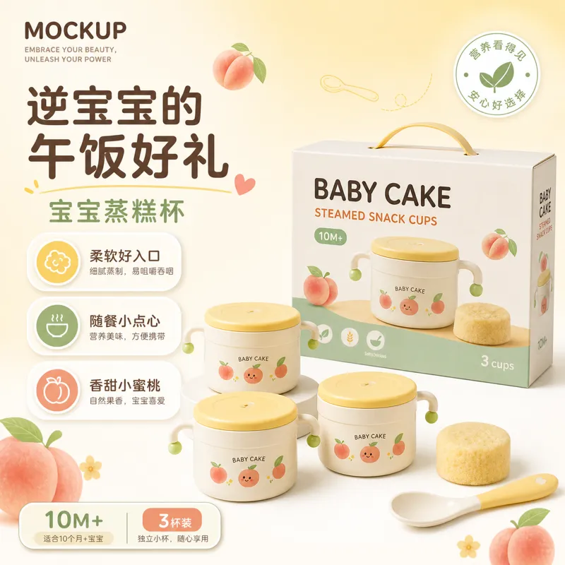 婴儿蛋糕蒸零食杯桃子套装｜AI 生图提示词