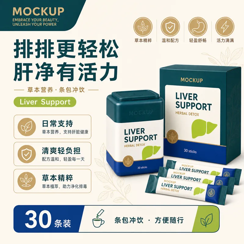 肝脏支持草本排毒包装样板｜AI 生图提示词