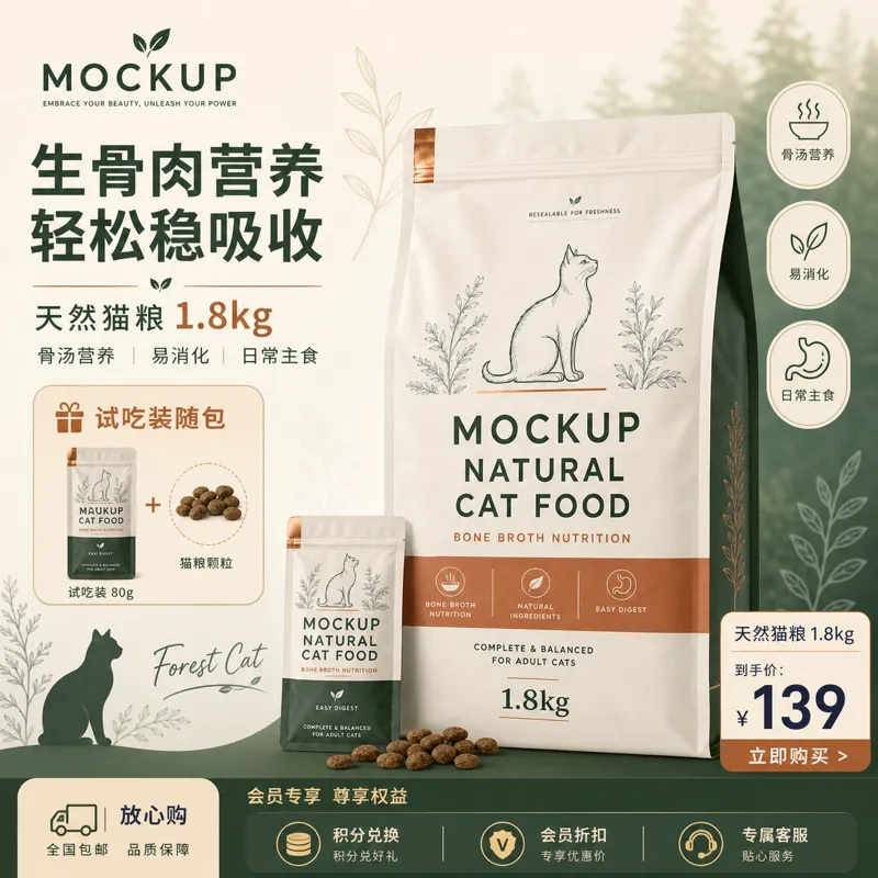 含骨汤营养的天然猫粮袋模型｜AI 生图提示词