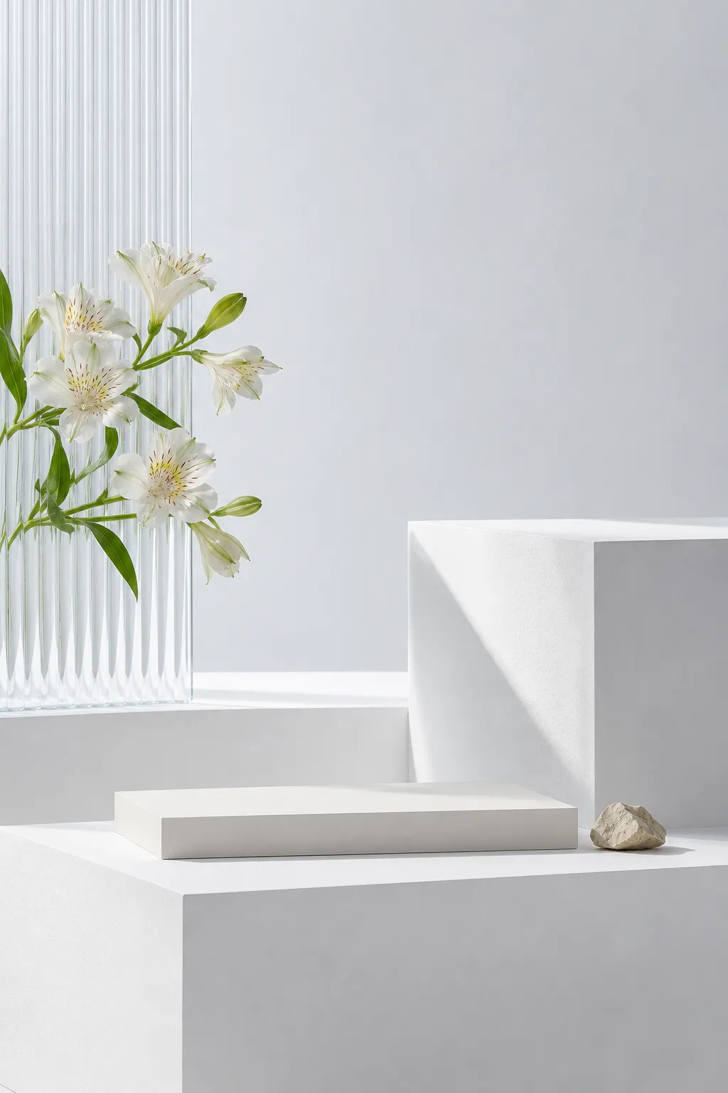 极简的白色讲台展示，配有玻璃花瓶和鲜花。｜AI 生图提示词
