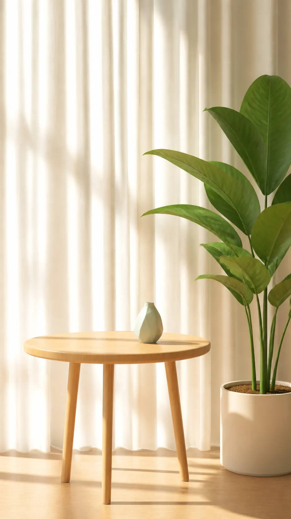 极简的木桌，配有花瓶和大型绿色植物｜AI 生图提示词