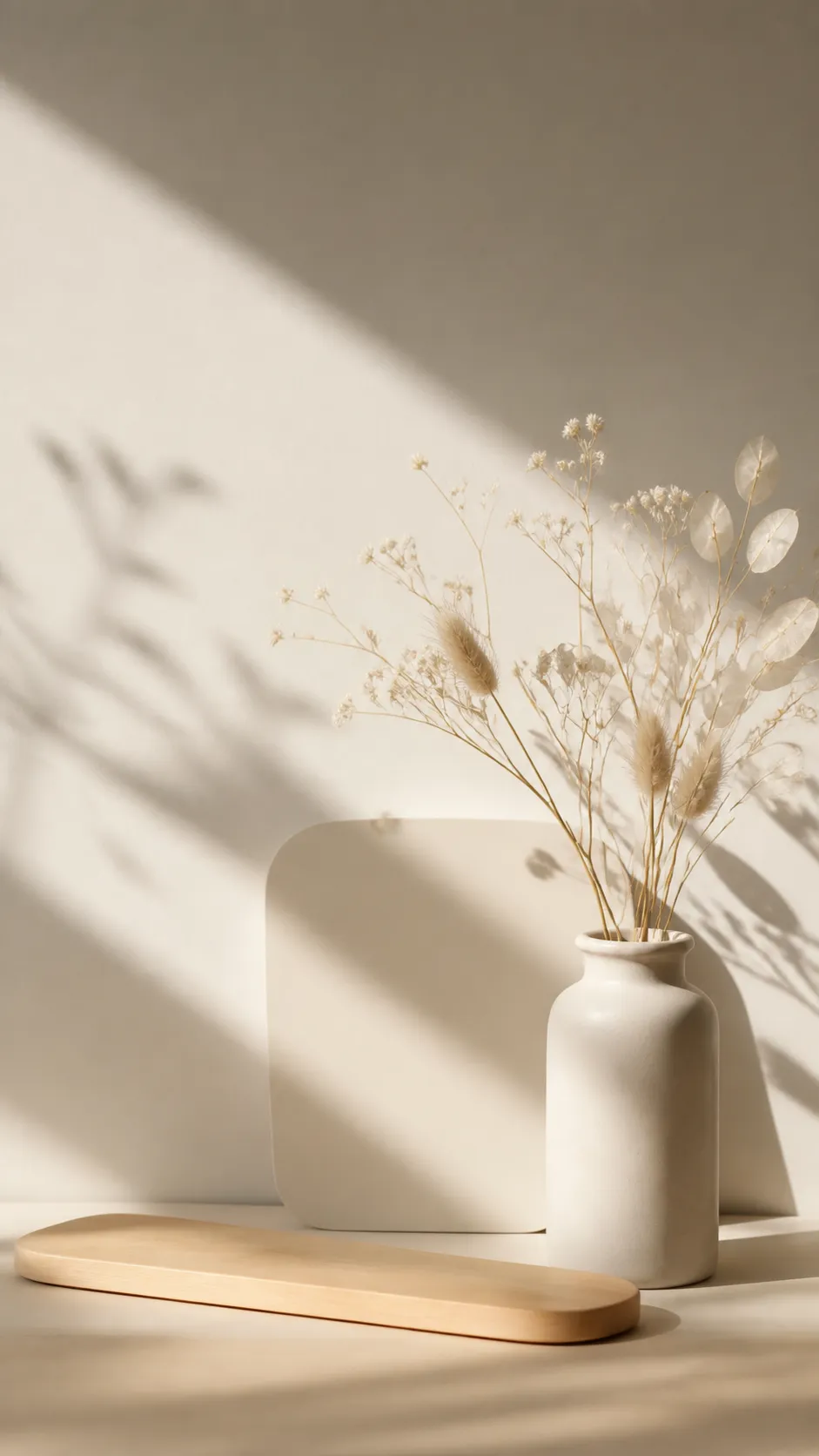 极简主义白色花瓶，配以干花和阴影｜AI 生图提示词