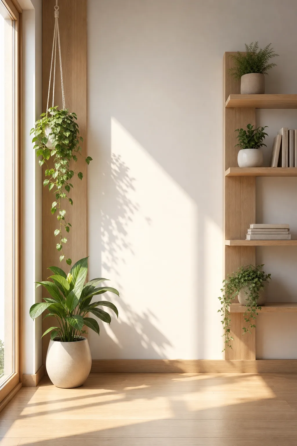 阳光充足的极简空间，配有植物和木质搁板｜AI 生图提示词